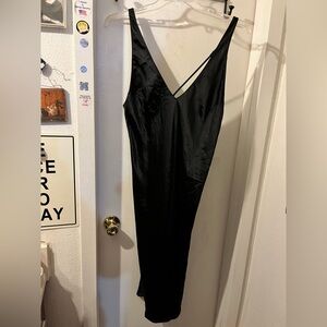 Victoria’s Secret- size L- black satin slip midi dress, adj. straps. EUC.
